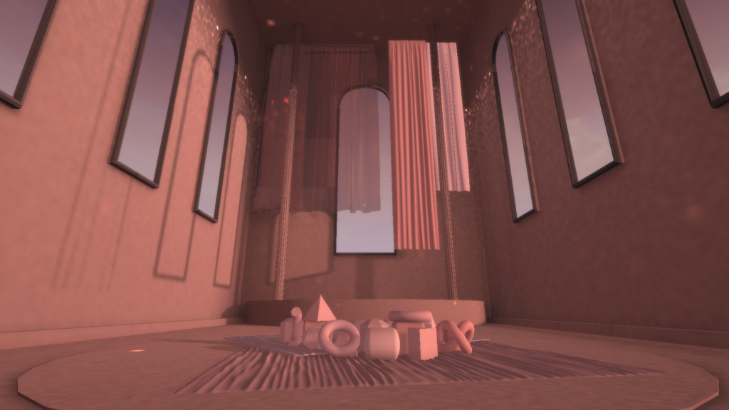 A salmon pink computer generated room with very high windows and a selection of shapes on the floor.