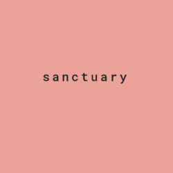the word 'sanctuary' types in small black letters in the centre of a salmon pink backdrop