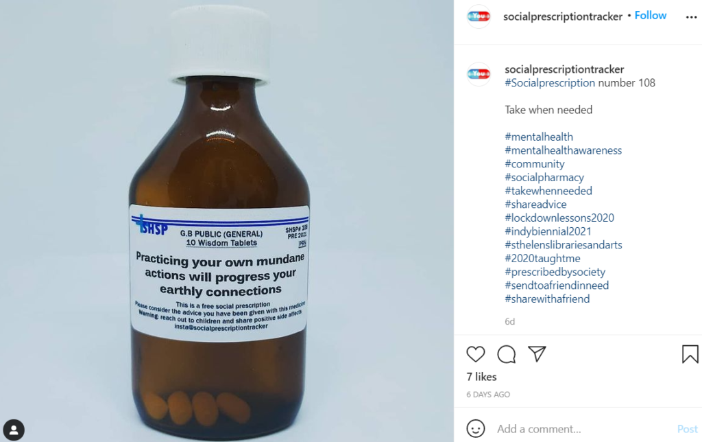 An instagram post of a bottle printed with a label reading "practicing your own mundane actions will progress your daily connections"