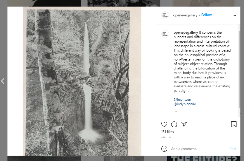 Screenshot from Instagram. on the left is a black and white photo of a waterfall flowing through a forest. ON the right is the caption from the artist.